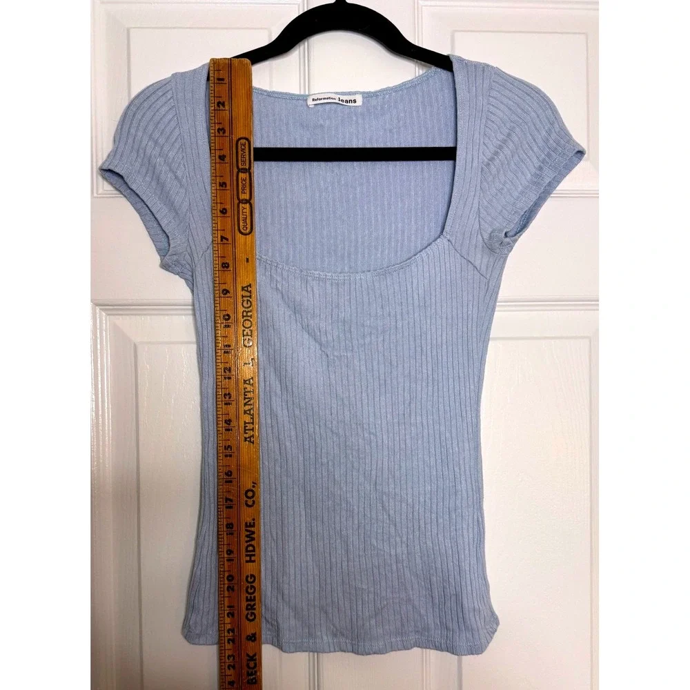 Reformation Jeans Ribbed‎ Square Neck Short Sleeve Top Baby Blue Size S - Picture 6 of 6